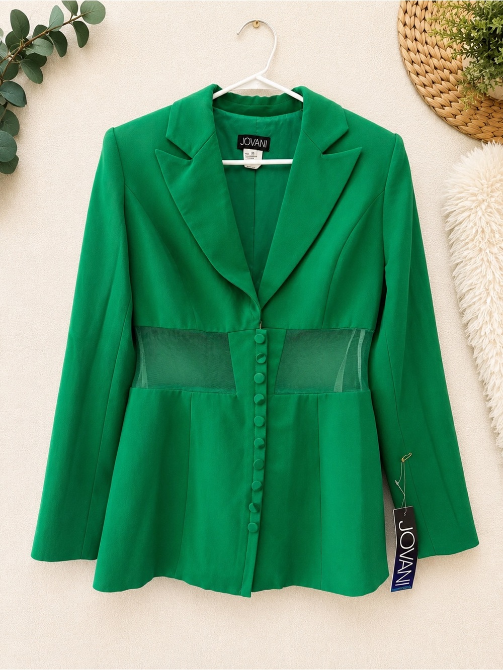Jovani Emerald Green Mesh-Paneled Peplum Blazer